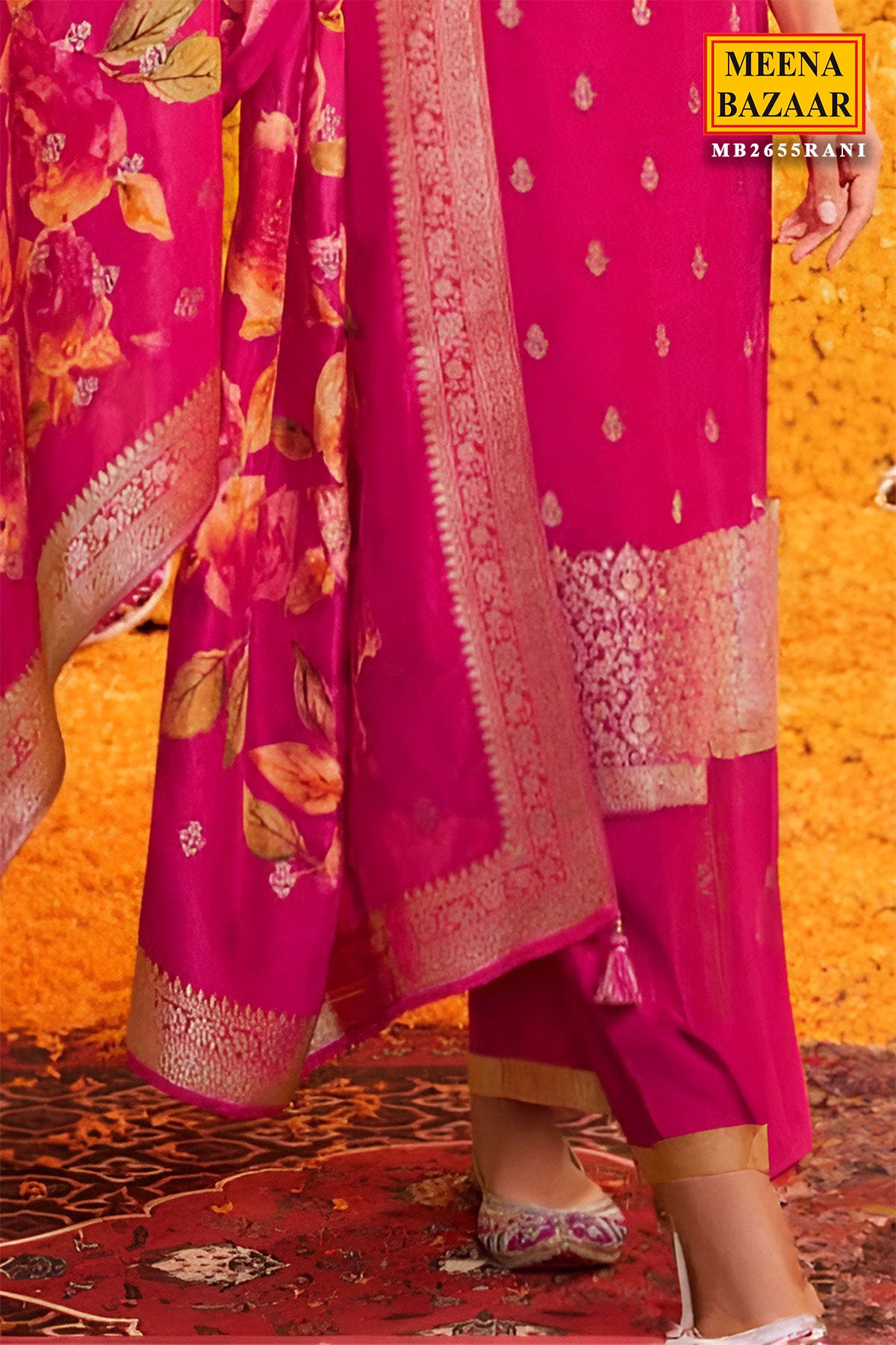 Rani Silk Suit Set With Embroidered Neckline And Floral Printed Dupatta