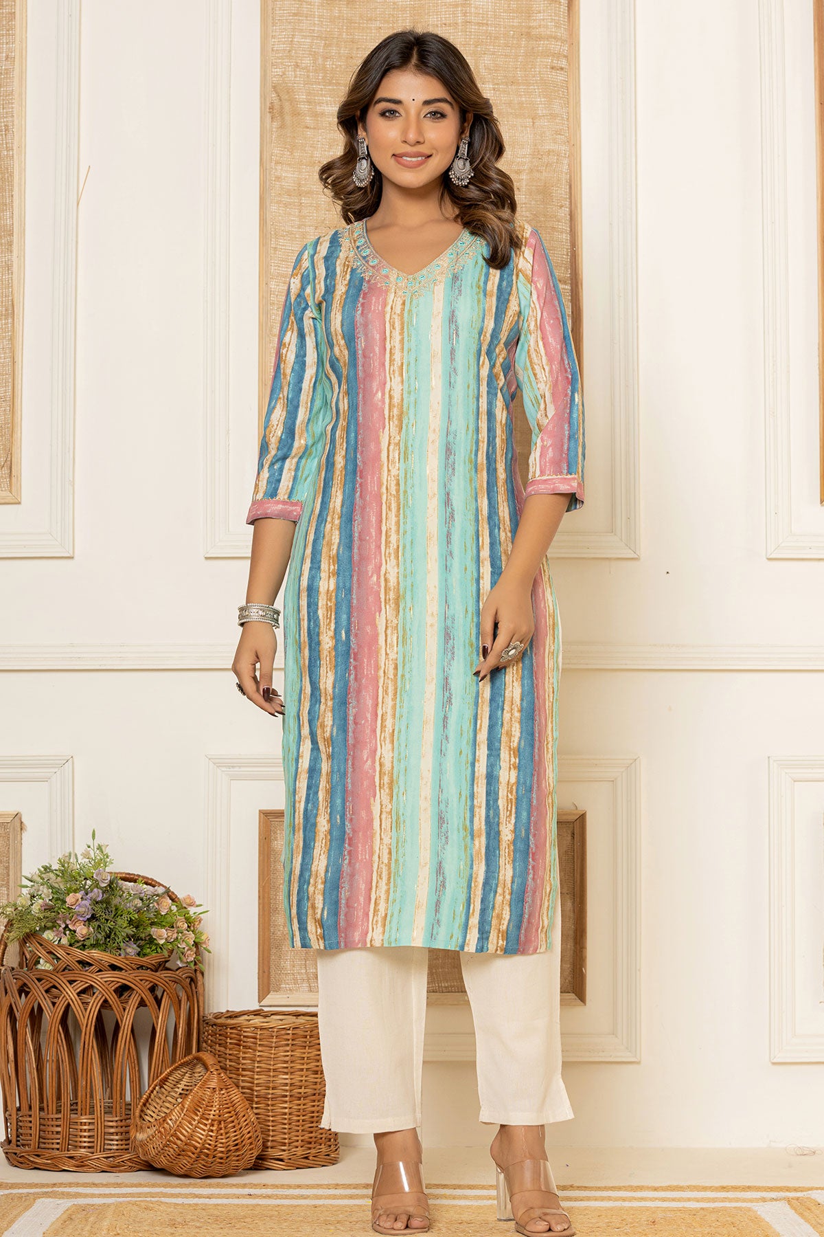 Firozi Rayon Printed Neck Embroidered Kurti