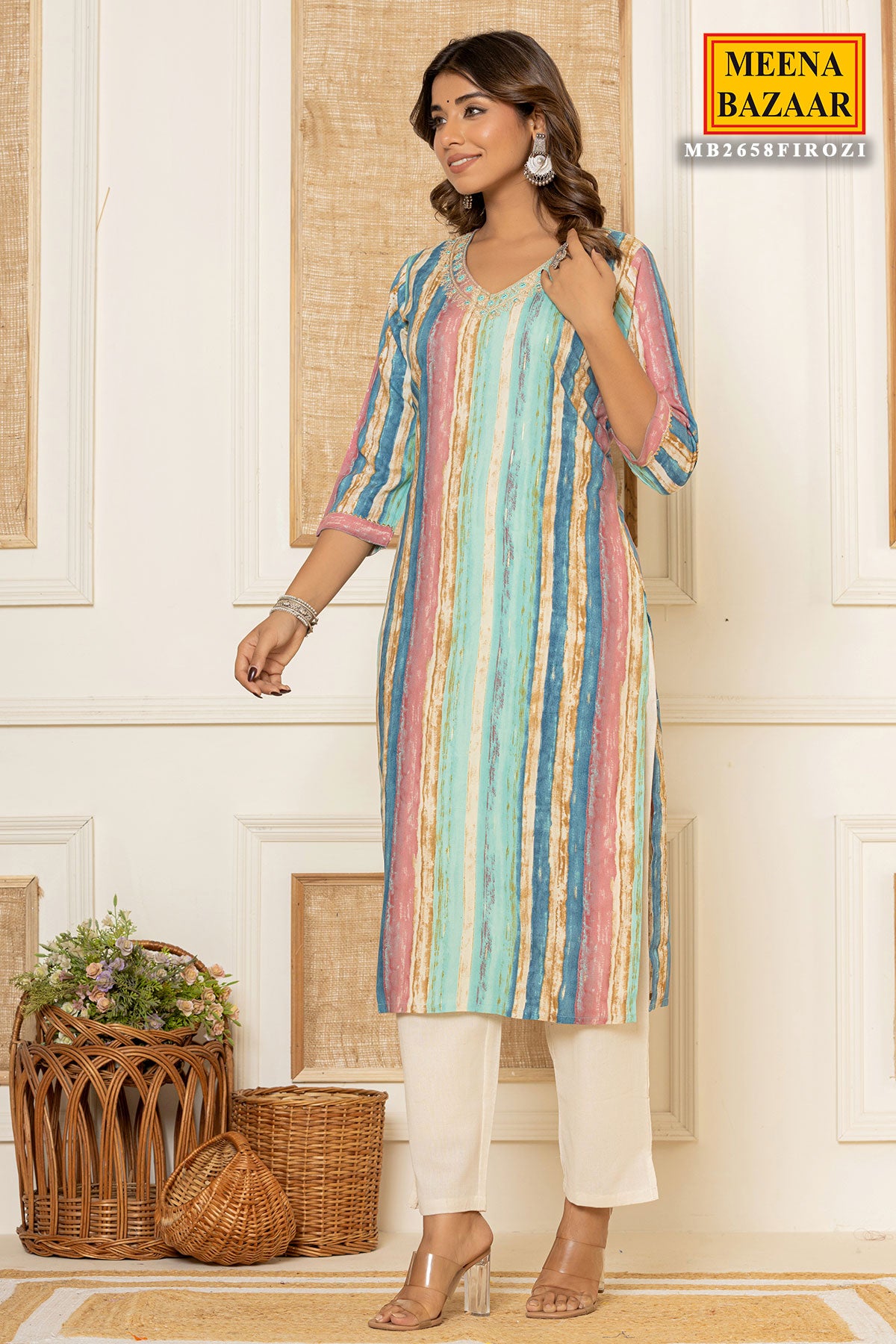 Firozi Rayon Printed Neck Embroidered Kurti