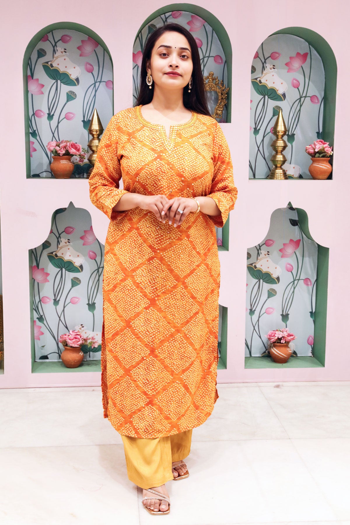 Mustard Rayon Knee-length Printed Kurti