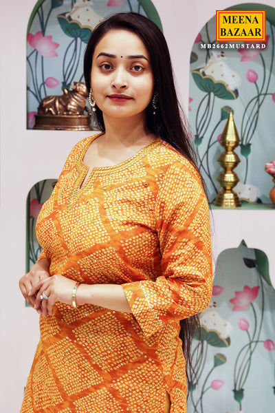 Mustard Rayon Knee-length Printed Kurti