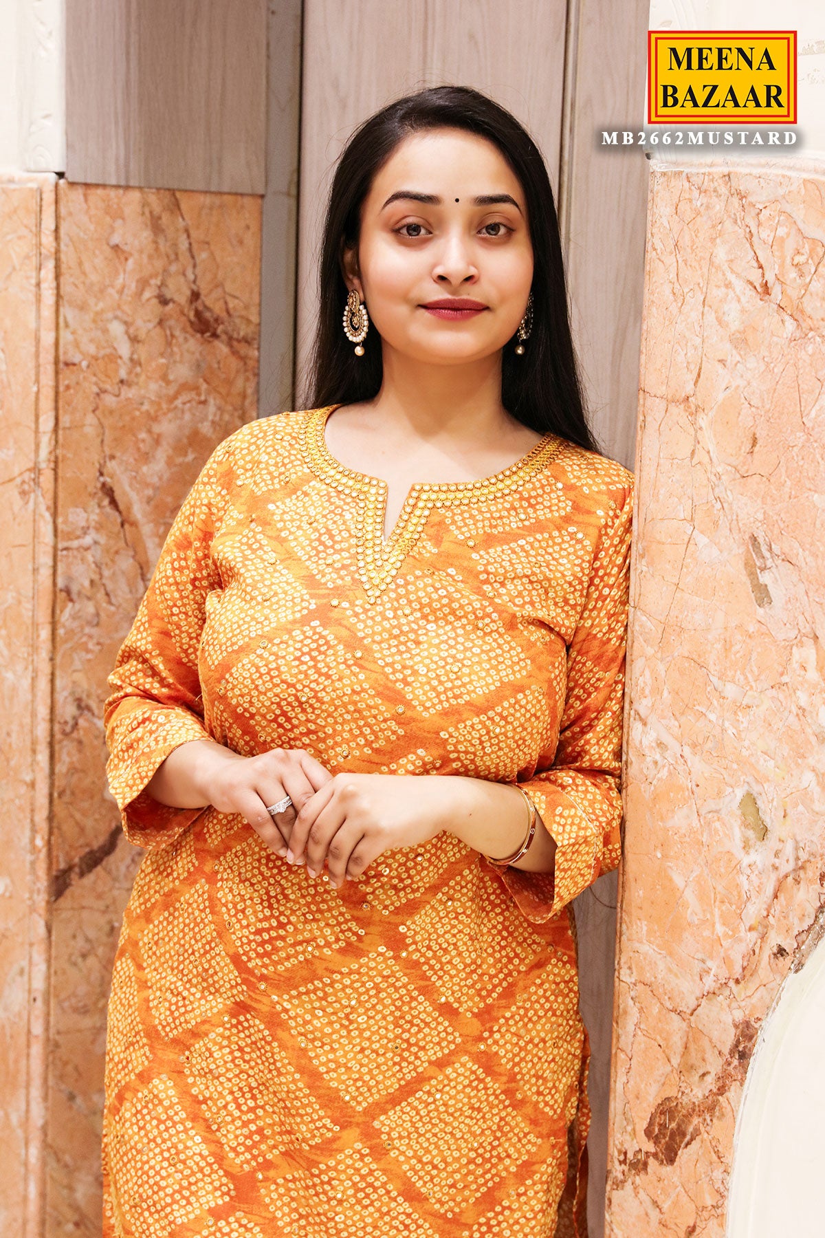 Mustard Rayon Knee-length Printed Kurti