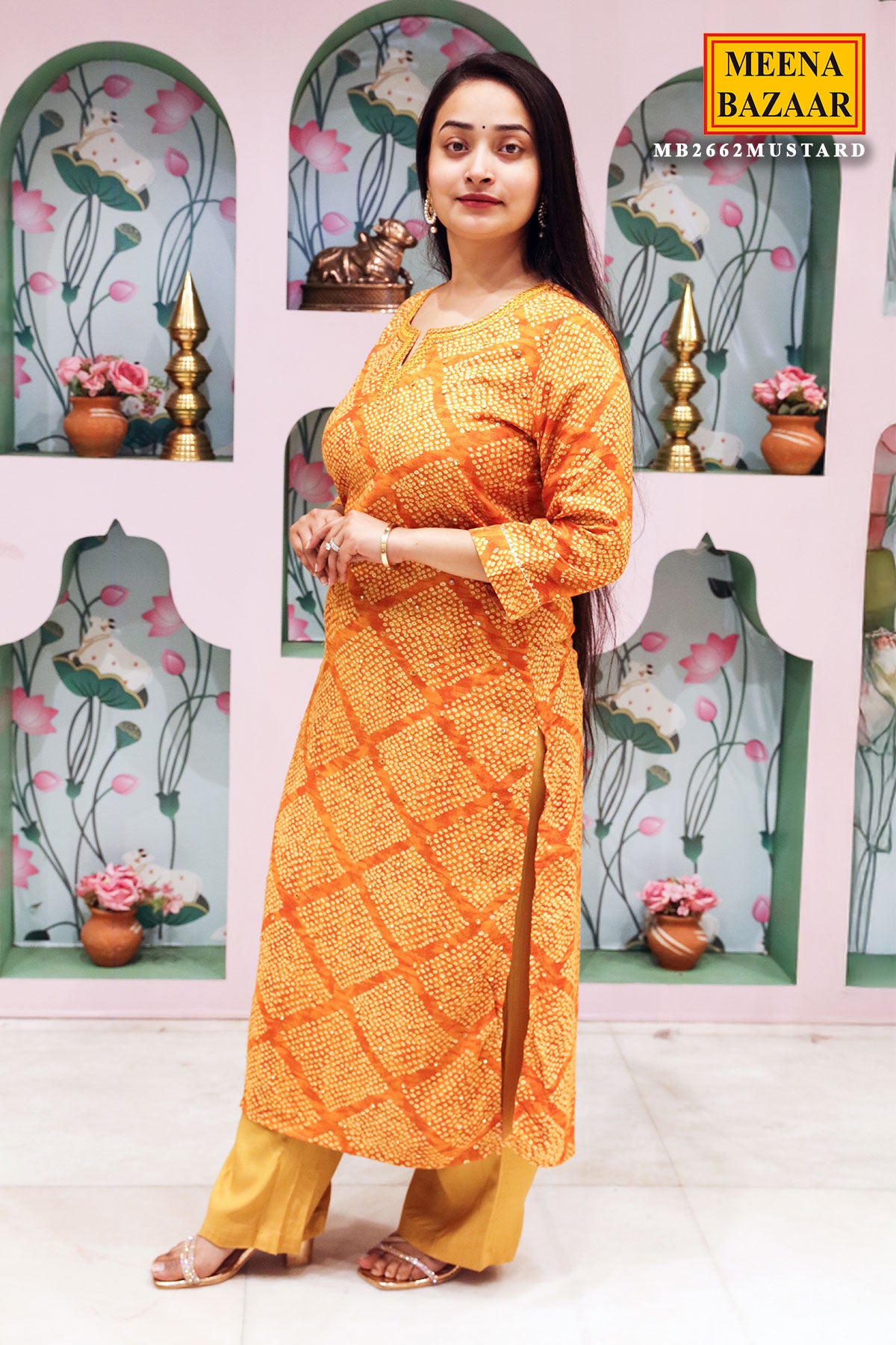 Mustard Rayon Knee-length Printed Kurti