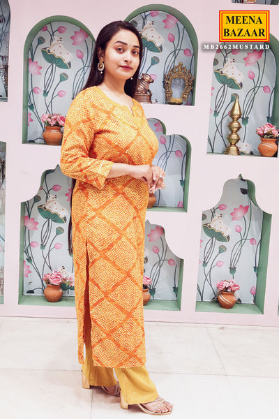 Mustard Rayon Knee-length Printed Kurti