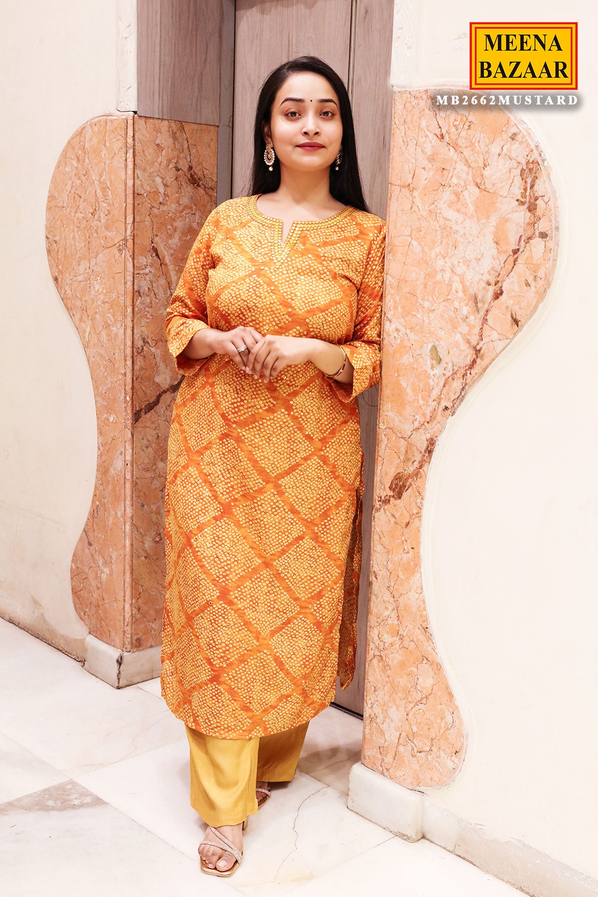 Mustard Rayon Knee-length Printed Kurti