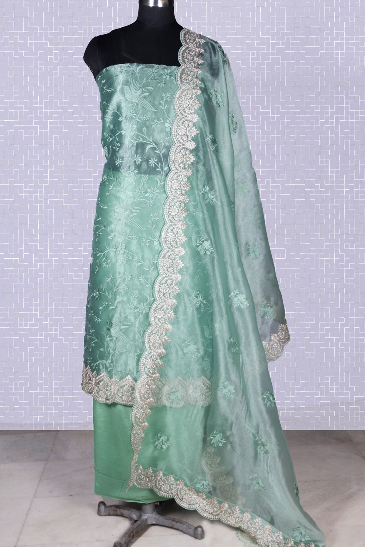 Sea Green Thread & Zari Embroidered Unstitched Tissue Suit Set