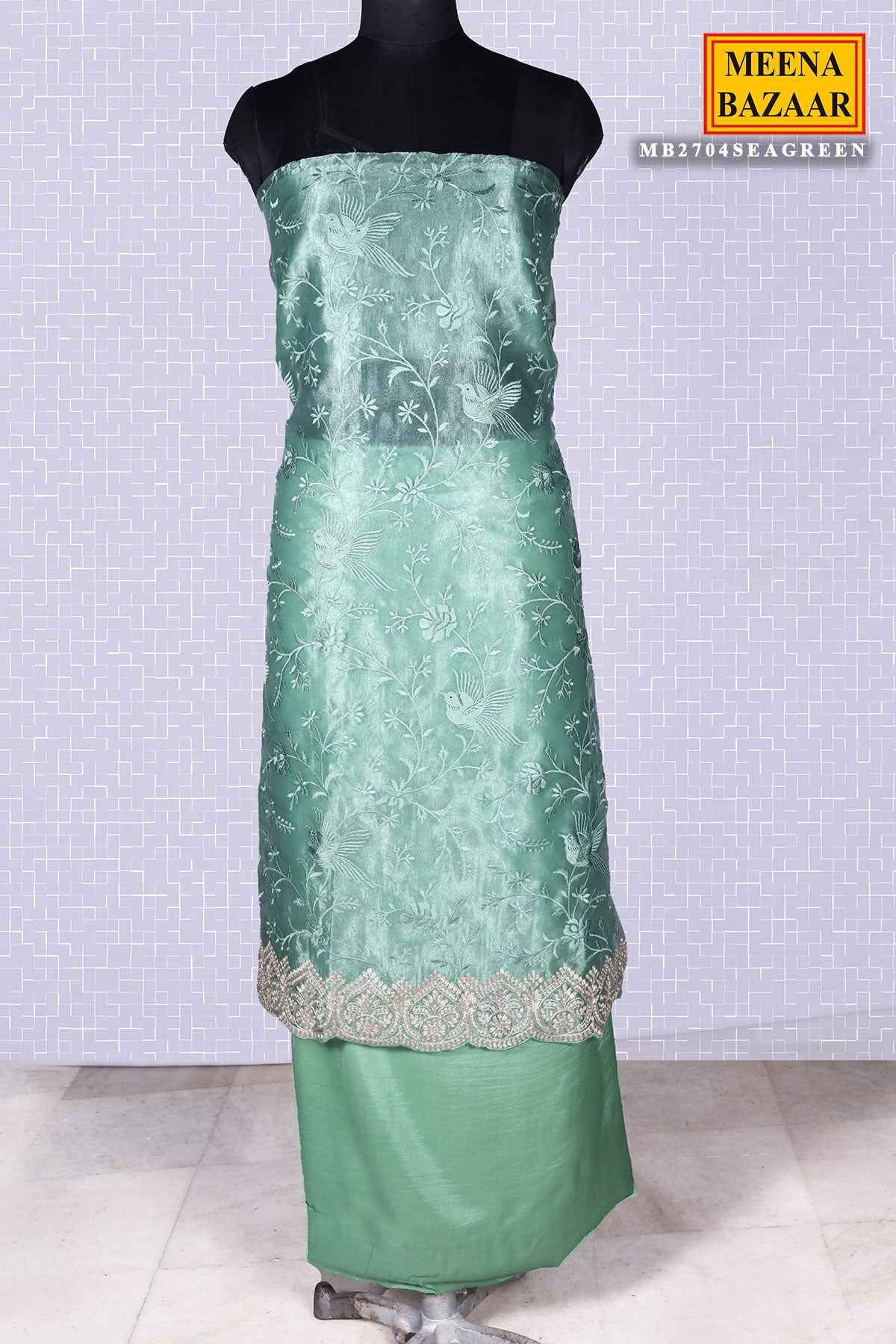 Sea Green Thread & Zari Embroidered Unstitched Tissue Suit Set