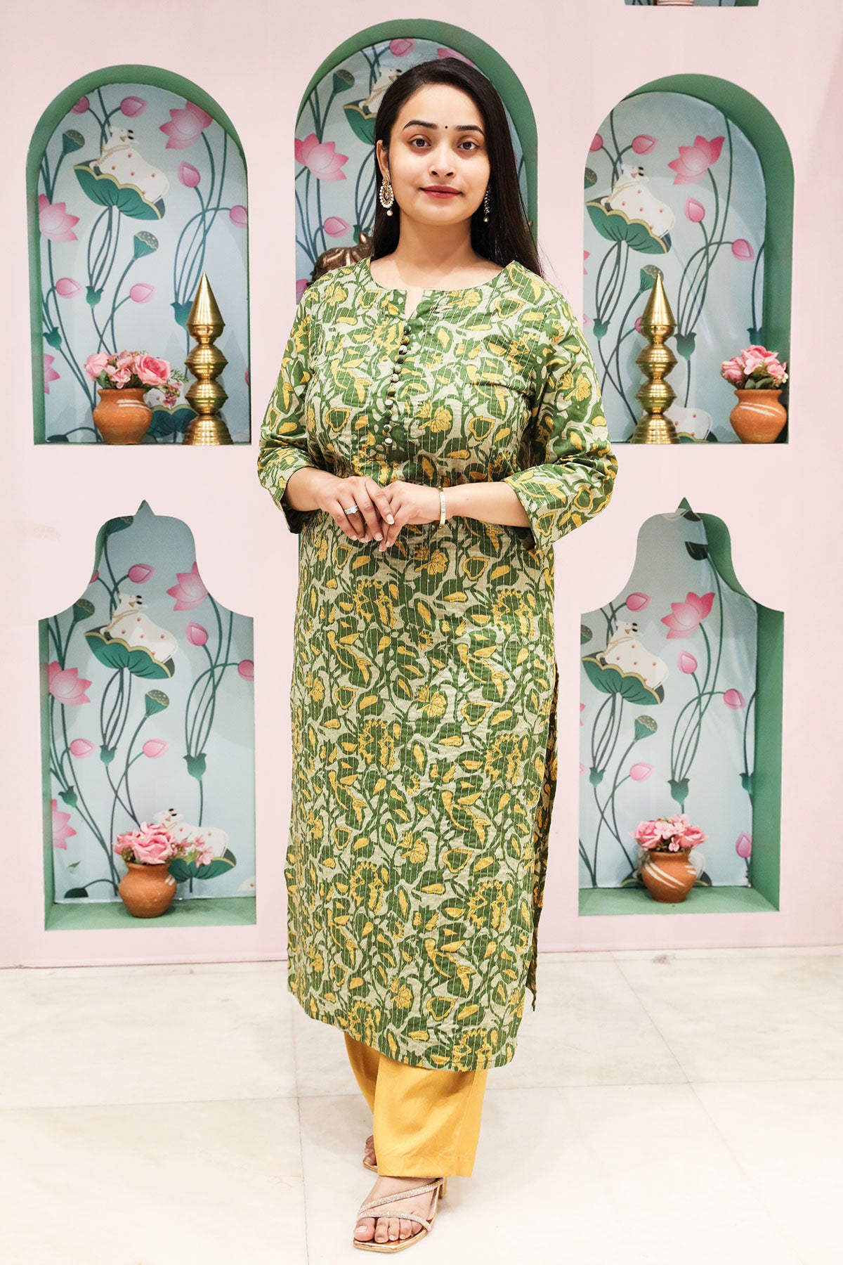 Green Cotton Floral Printed Kurti