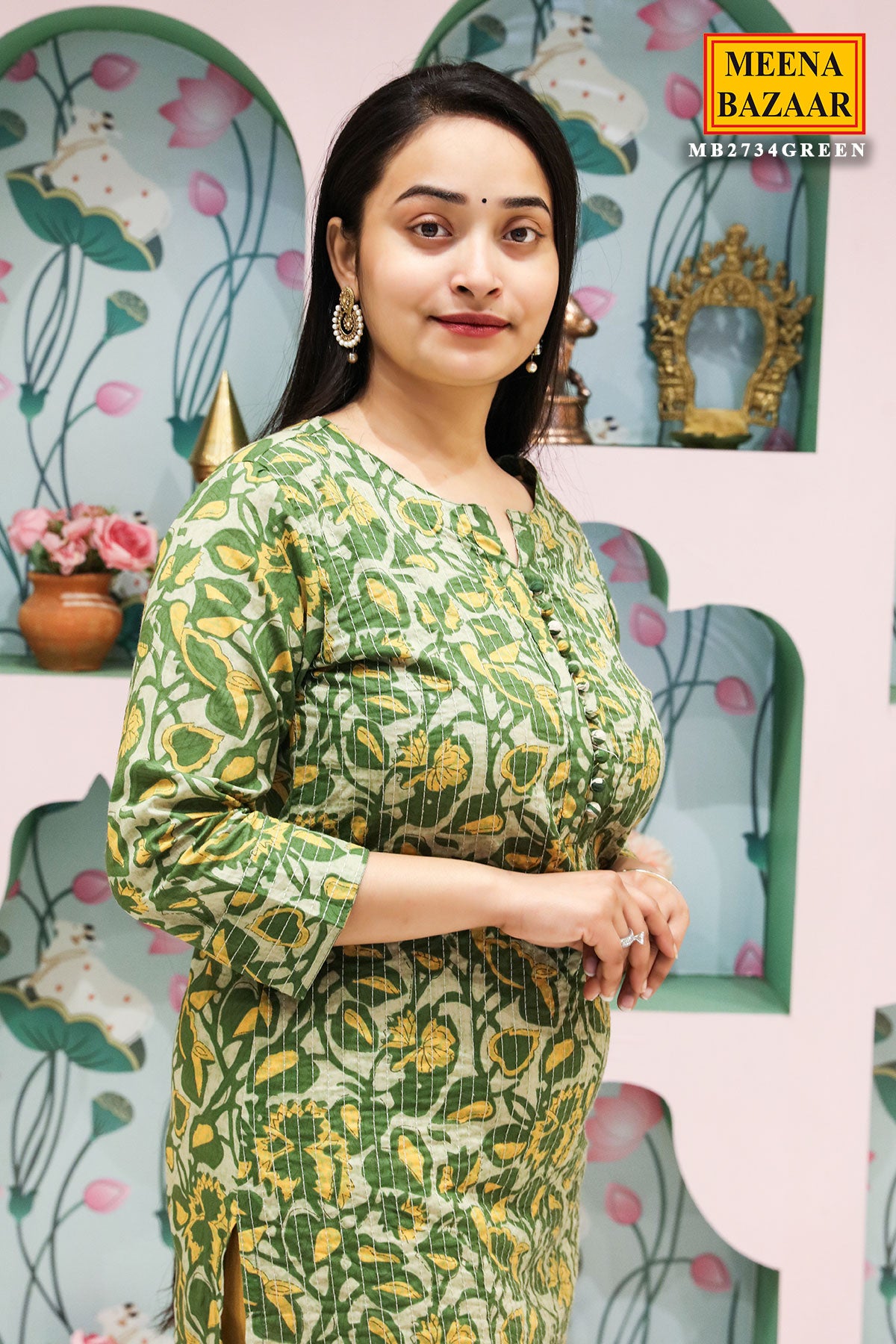 Green Cotton Floral Printed Kurti