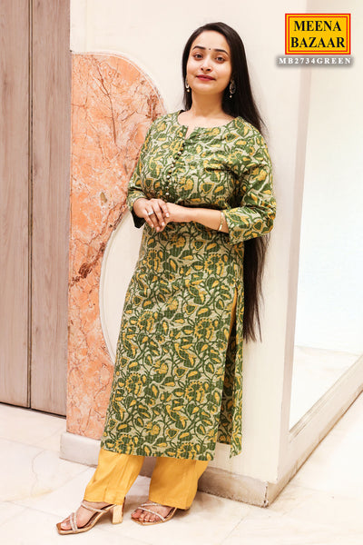 Green Cotton Floral Printed Kurti