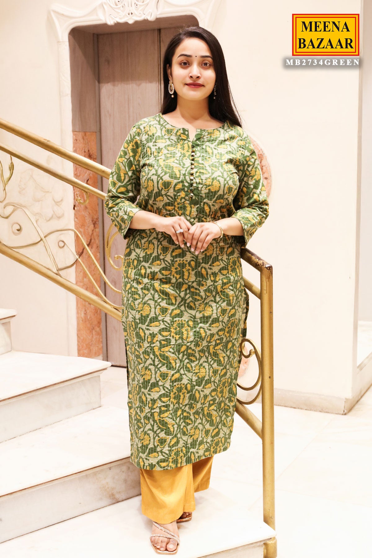 Green Cotton Floral Printed Kurti