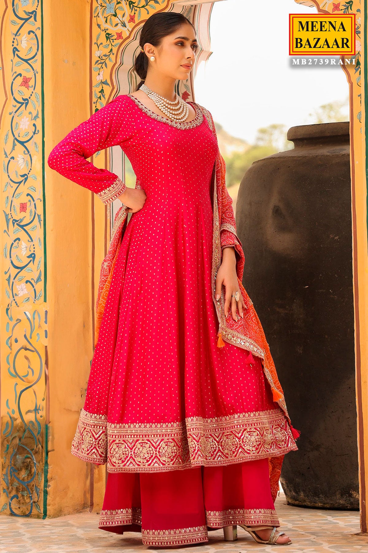 Rani Silk Cut-dana, Zari, Sequin Embroidered Anarkali Suit With Palazzo