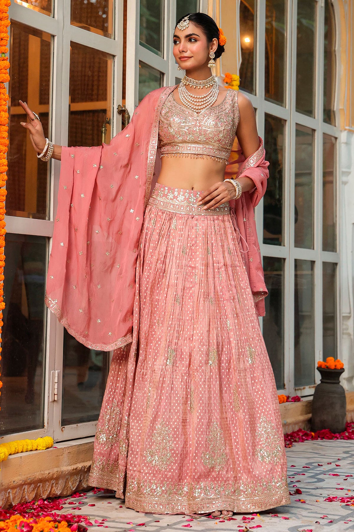 Light Pink Silk Sequin Embroidered Lehenga