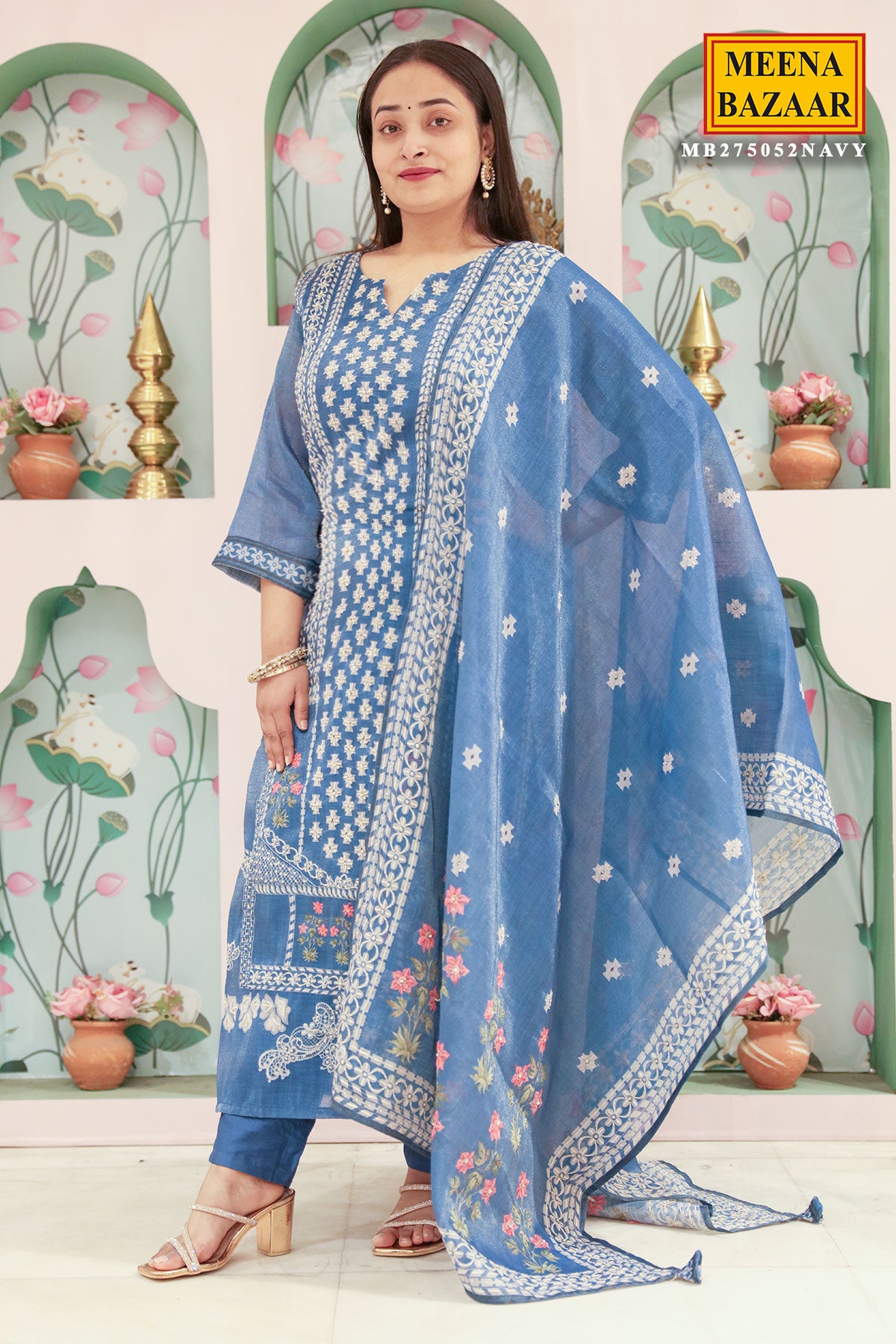 Navy Blue Chanderi Cotton Threeadwork Embroidered Suit Set