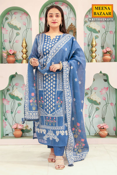 Navy Blue Chanderi Cotton Threeadwork Embroidered Suit Set