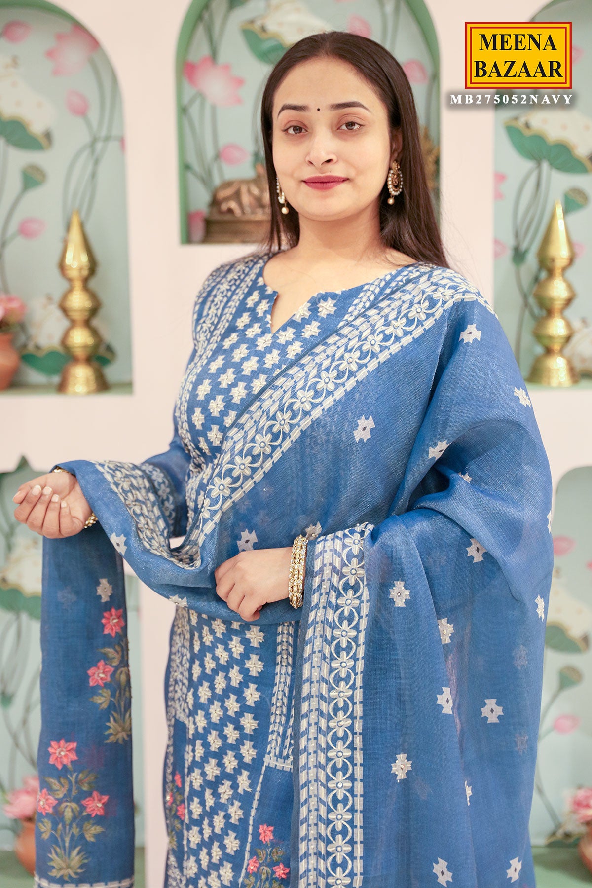 Navy Blue Chanderi Cotton Threeadwork Embroidered Suit Set