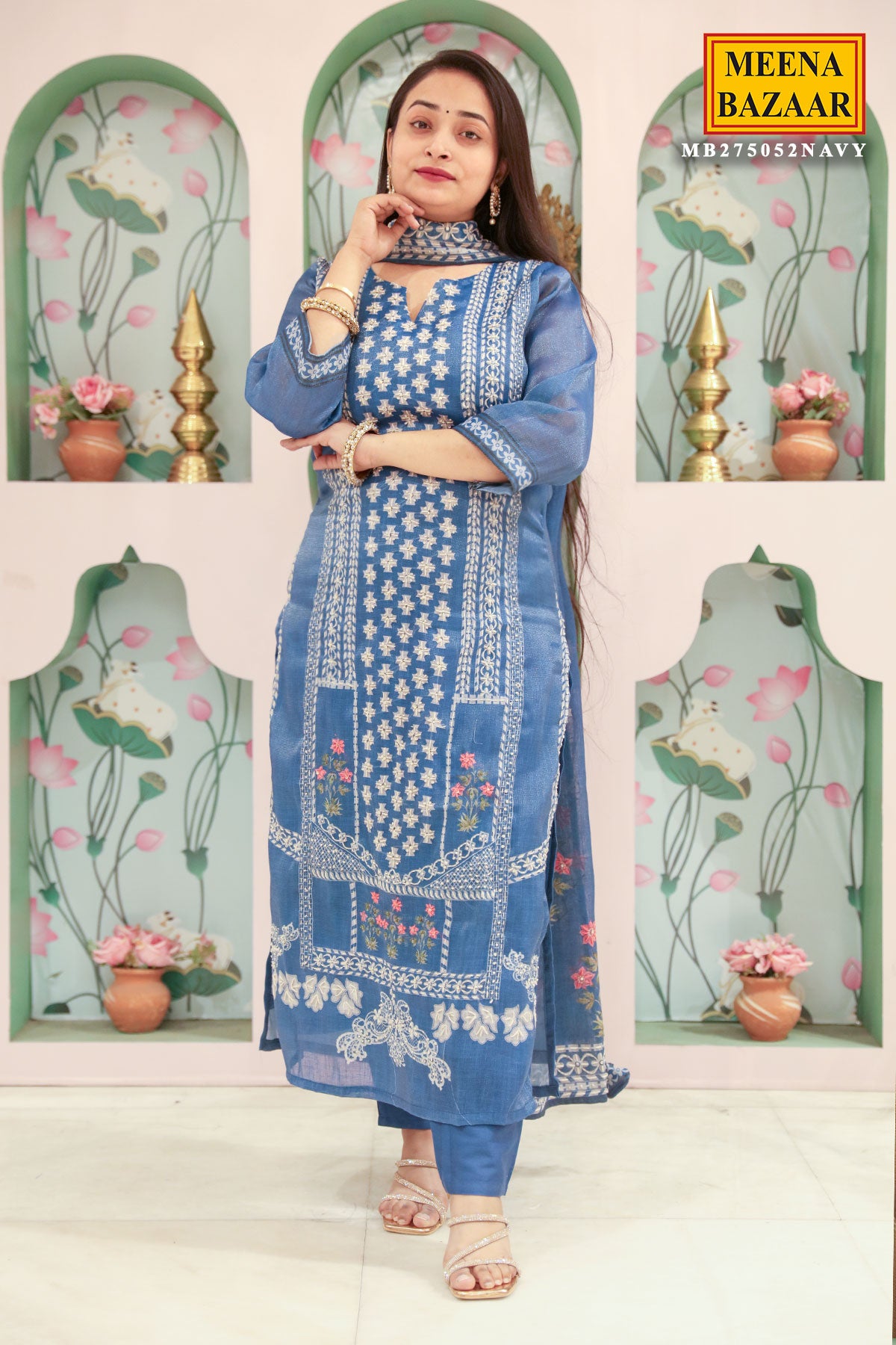 Navy Blue Chanderi Cotton Threeadwork Embroidered Suit Set