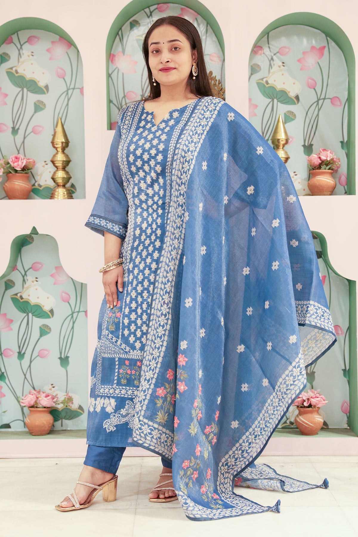 Navy Blue Chanderi Cotton Threeadwork Embroidered Suit Set