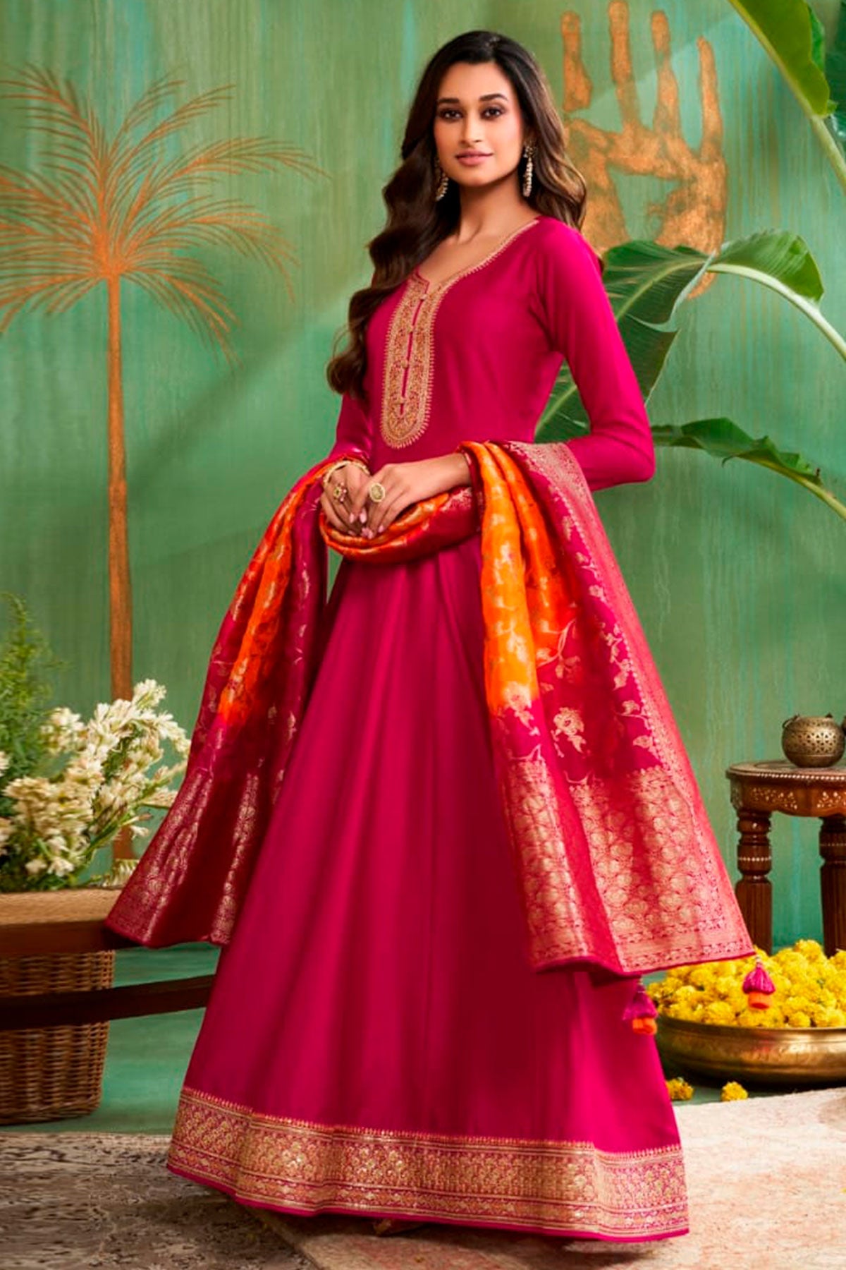 Rani Silk Anarkali Neck Embroidered Gown