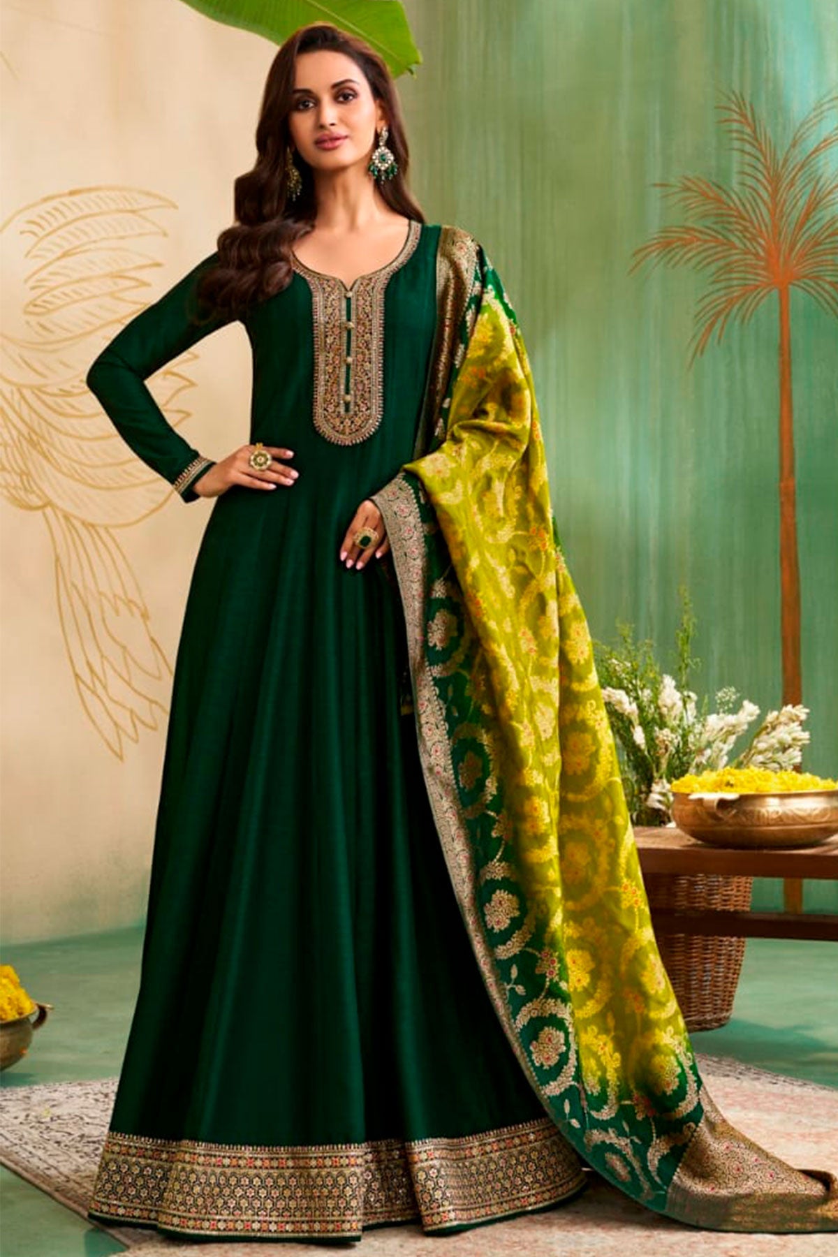 Bottle Green Silk Anarkali Neck Embroidered Gown