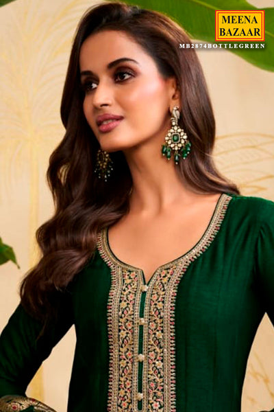 Bottle Green Silk Anarkali Neck Embroidered Gown