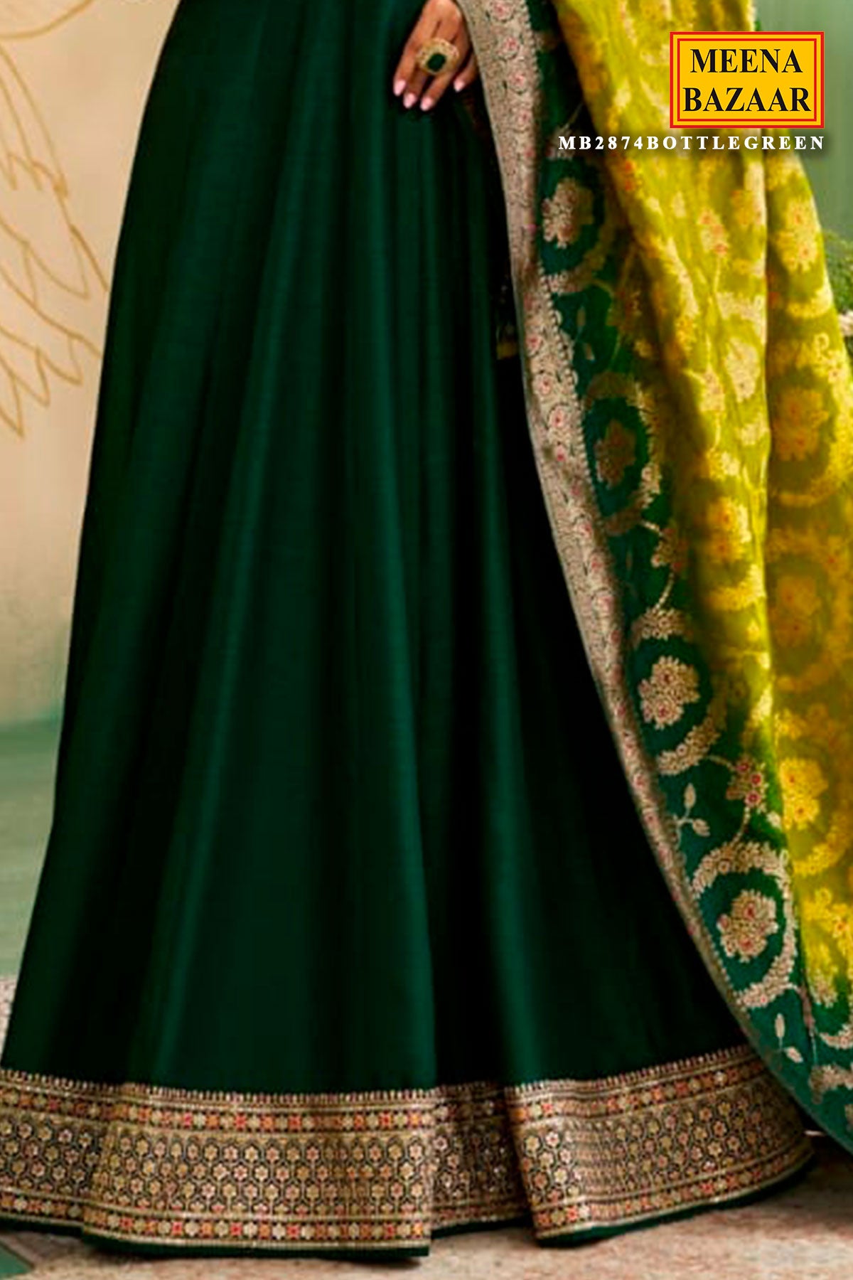 Bottle Green Silk Anarkali Neck Embroidered Gown