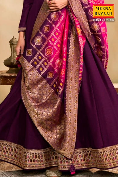 Wine Silk Anarkali Neck Embroidered Gown