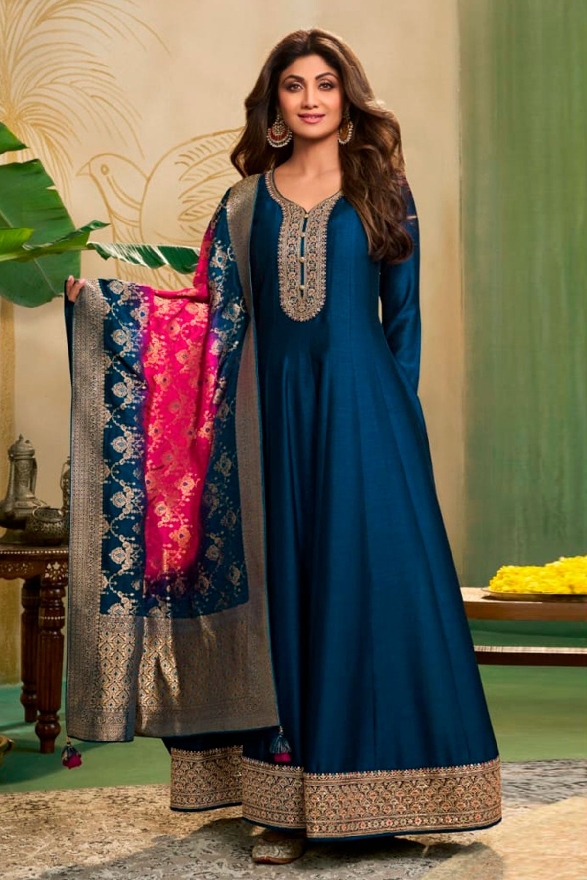 Blue Silk Anarkali Neck Embroidered Gown