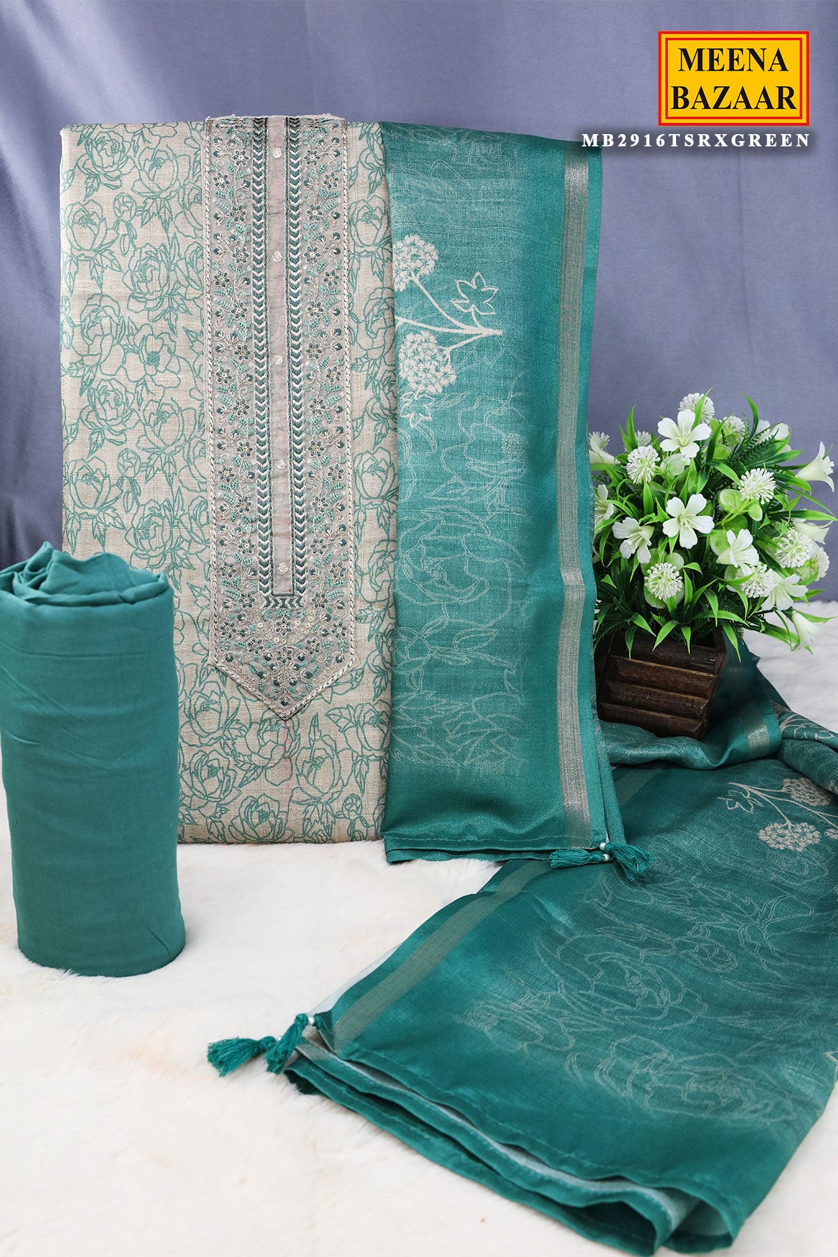 Green Tussar Silk Zari Sequin Embroidered Yoke Suit Set