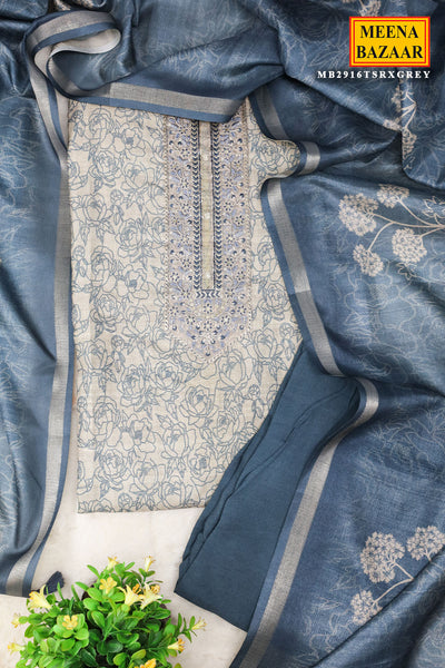 Grey Tussar Silk Zari Sequin Embroidered Yoke Suit Set