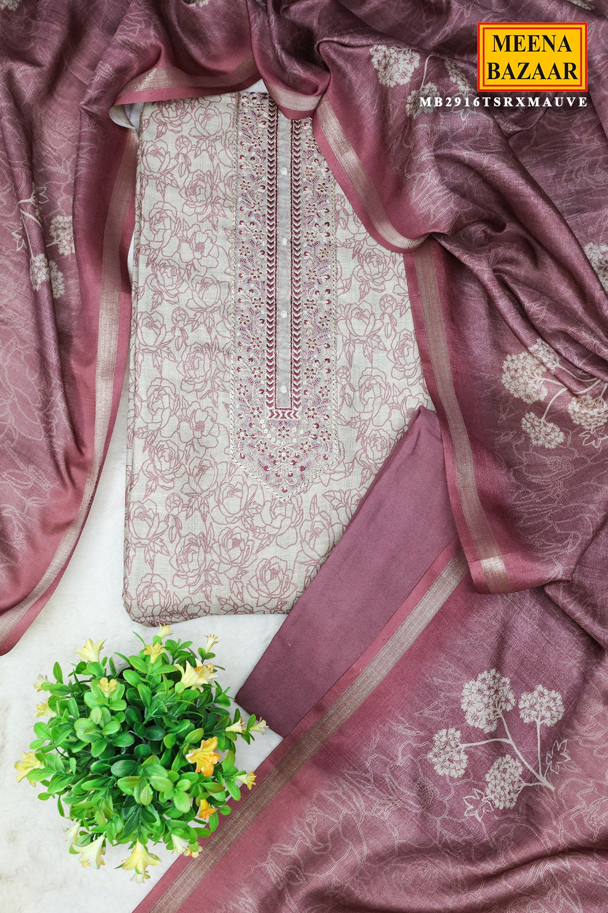 Mauve Tussar Silk Zari Sequin Embroidered Yoke Suit Set