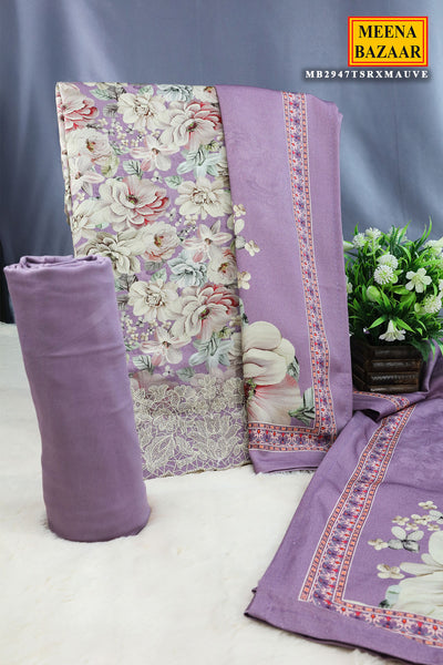 Mauve Pashmina Thread Embroidered Floral Printed Suit