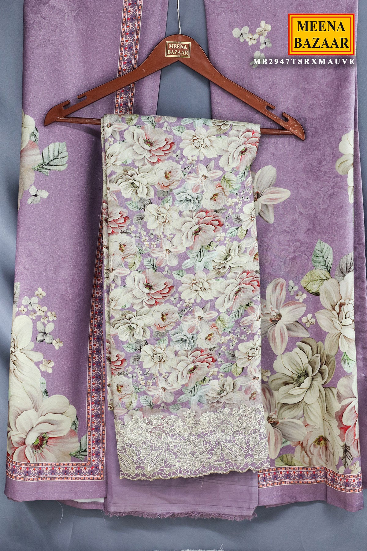 Mauve Pashmina Thread Embroidered Floral Printed Suit