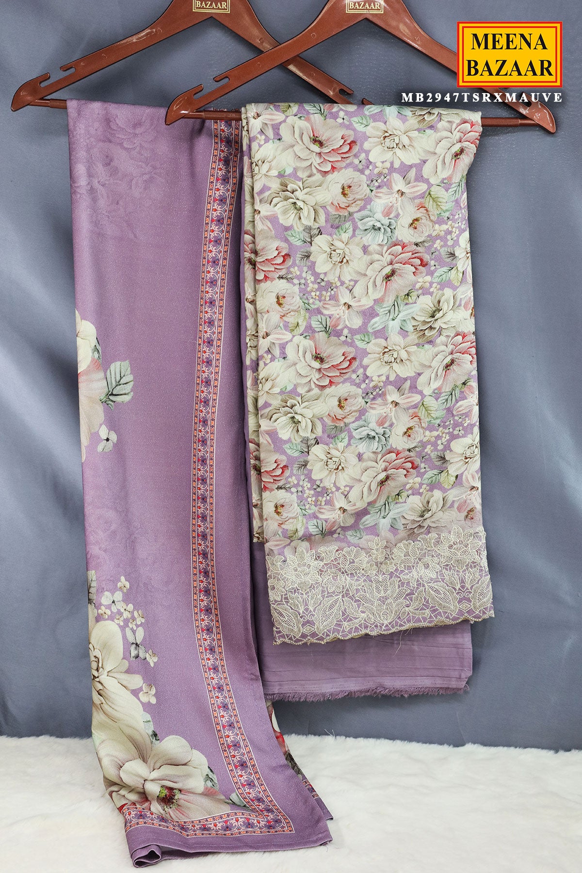 Mauve Pashmina Thread Embroidered Floral Printed Suit