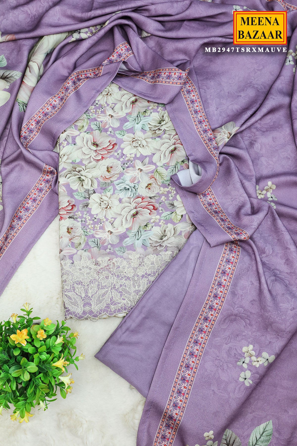 Mauve Pashmina Thread Embroidered Floral Printed Suit