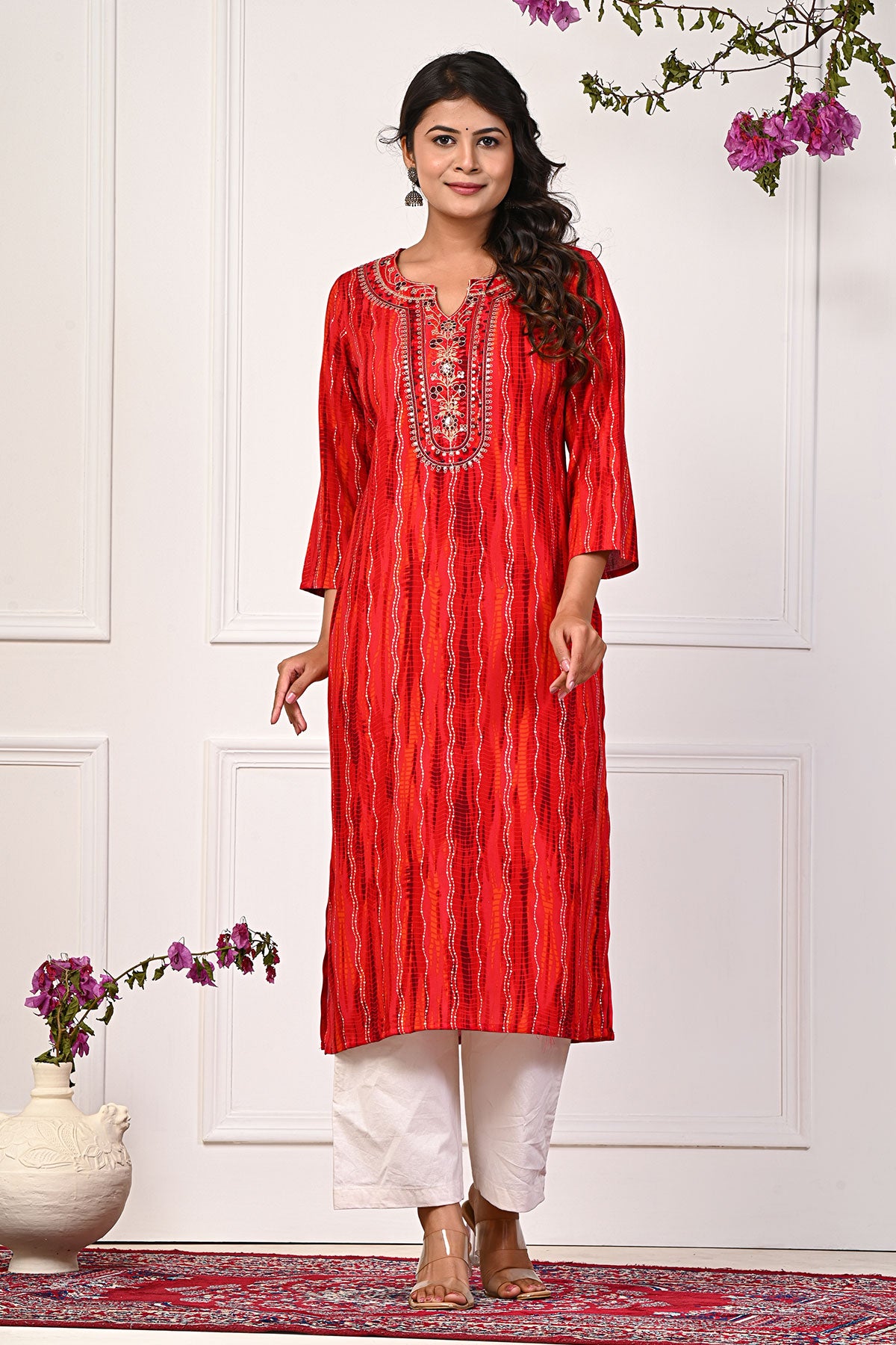 Rust Muslin Kurti with Embroidered Neck