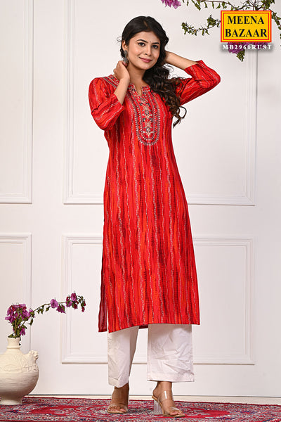 Rust Muslin Kurti with Embroidered Neck