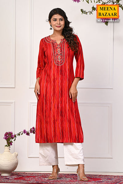 Rust Muslin Kurti with Embroidered Neck