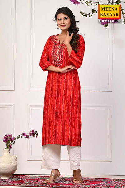 Rust Muslin Kurti with Embroidered Neck