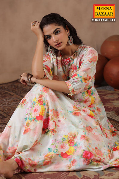 Multi-Coloured Satin Floral Printed Gown