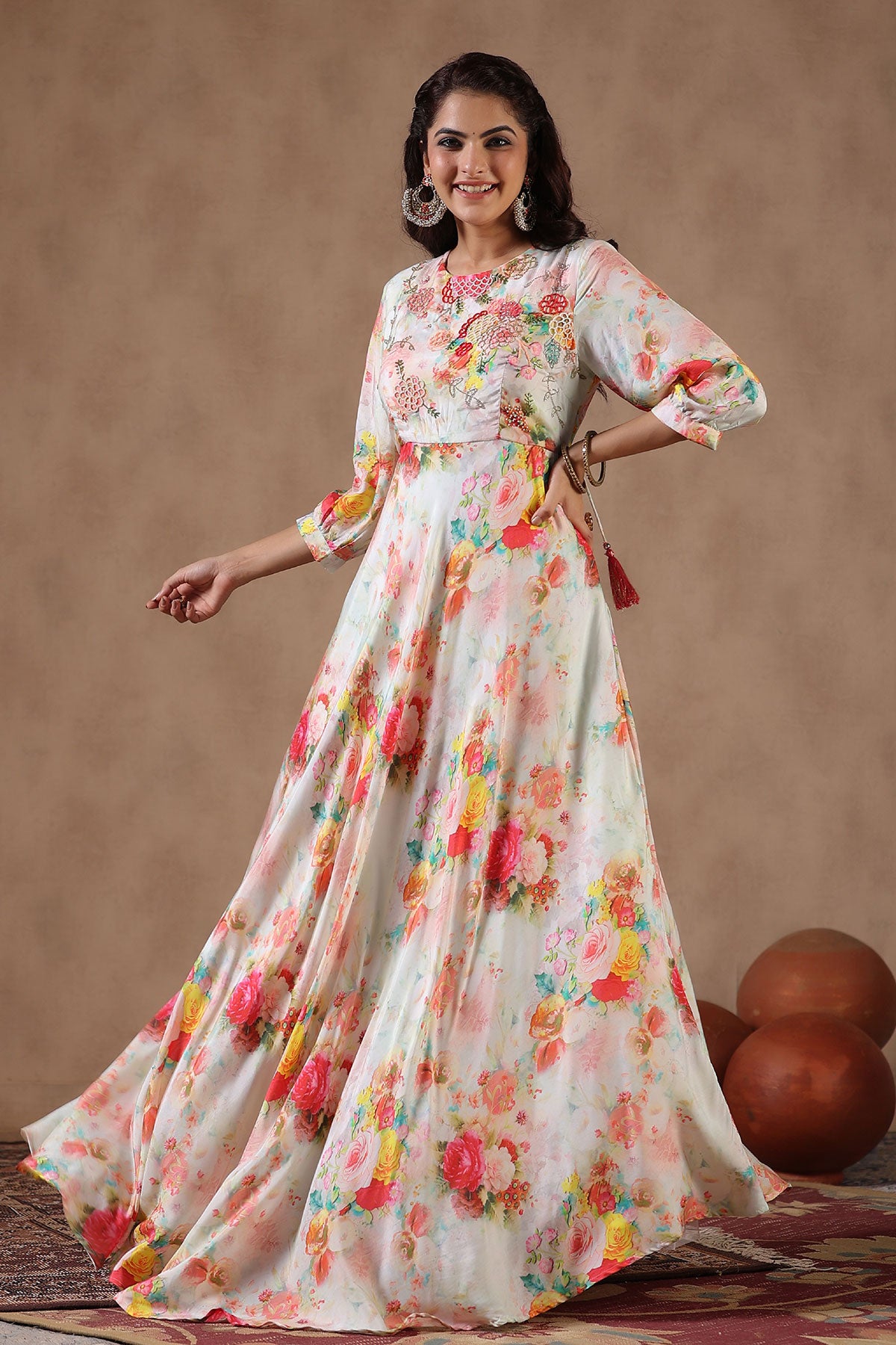 Multi-Coloured Satin Floral Printed Gown