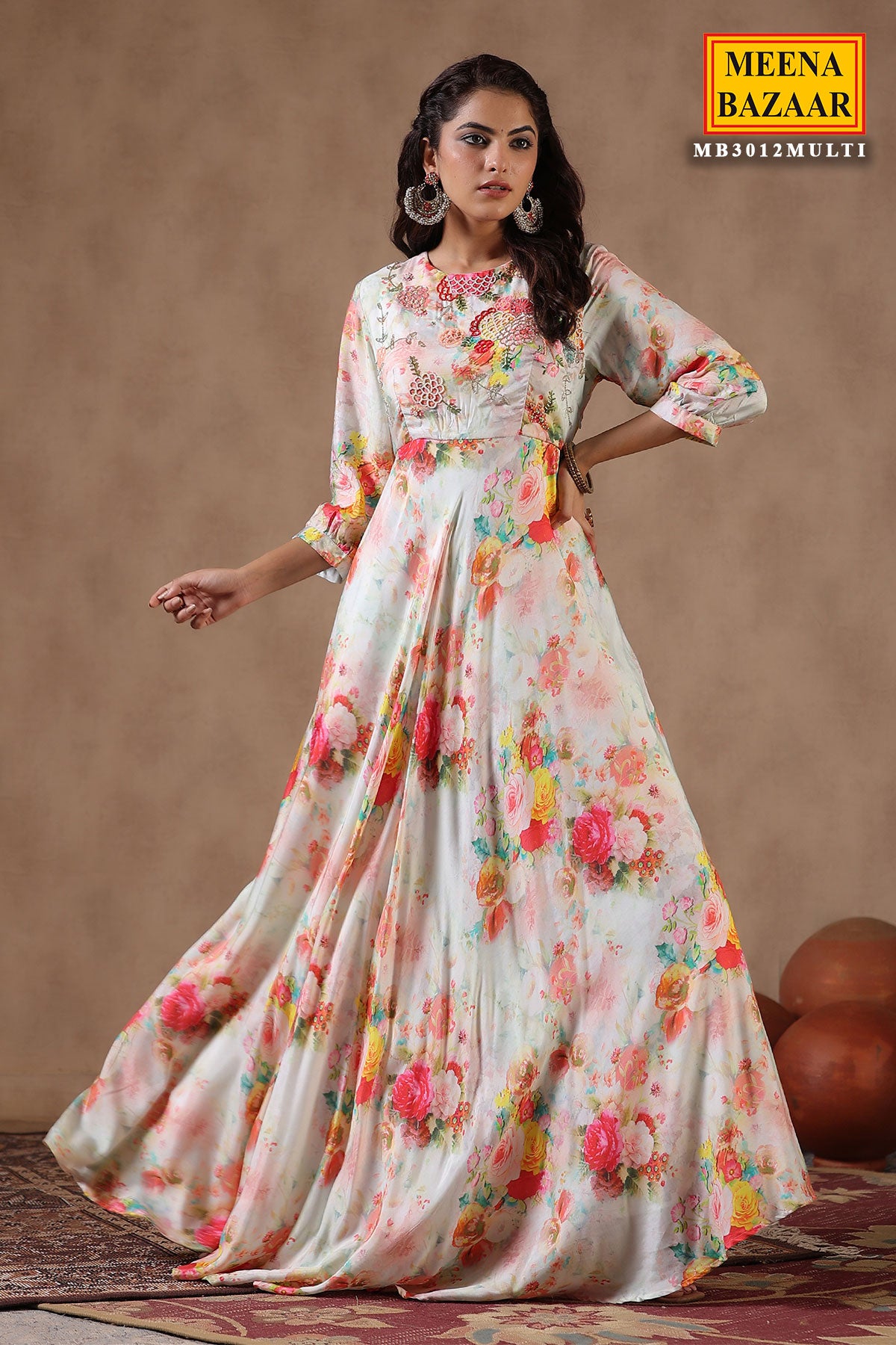 Multi-Coloured Satin Floral Printed Gown