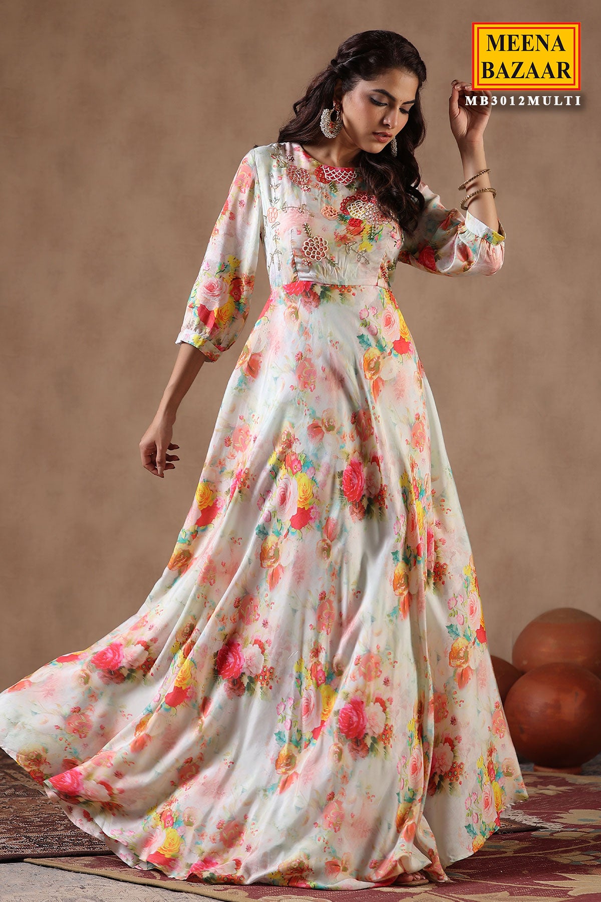 Multi-Coloured Satin Floral Printed Gown