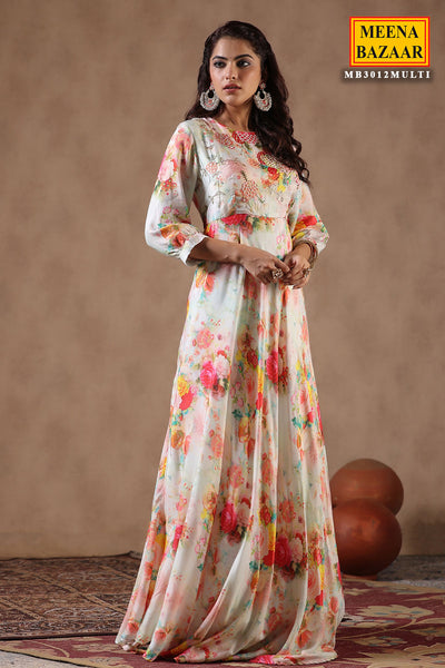 Multi-Coloured Satin Floral Printed Gown