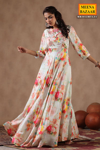 Multi-Coloured Satin Floral Printed Gown