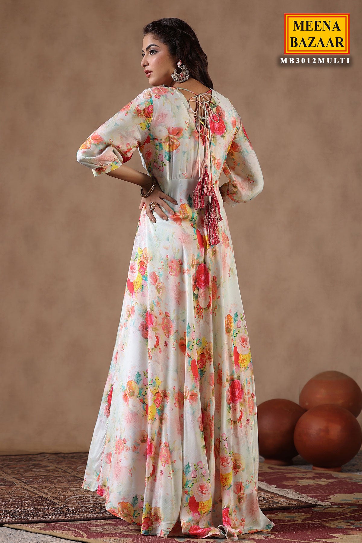 Multi-Coloured Satin Floral Printed Gown