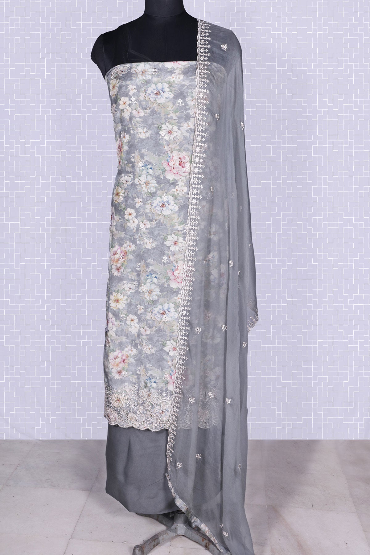 Floral Printed Grey Muslin Unstitched Suit Set