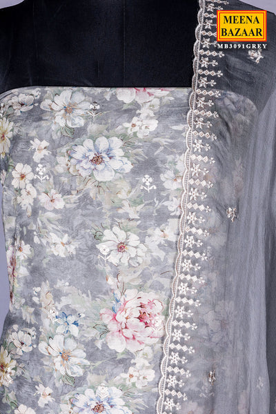 Floral Printed Grey Muslin Unstitched Suit Set