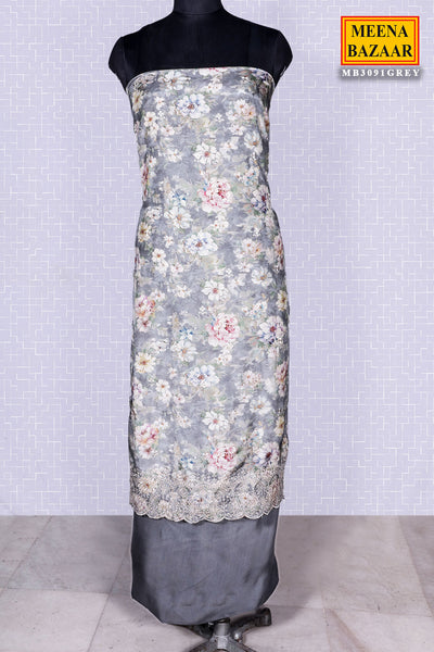 Floral Printed Grey Muslin Unstitched Suit Set