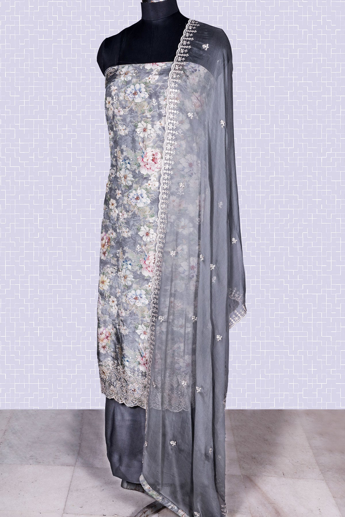 Floral Printed Grey Muslin Unstitched Suit Set